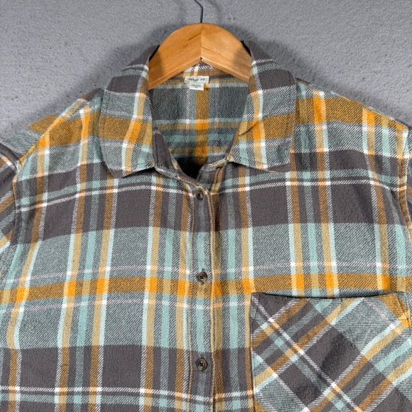 Aerie Womens Plaid Flannel Button Down Shirt Grey Yellow Green Cotton K5405CVW - Picture 4 of 13